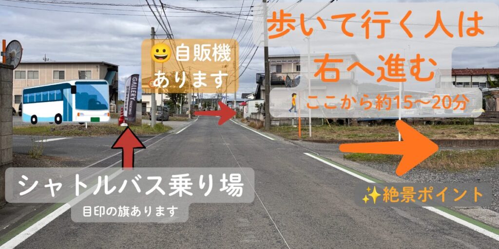 スタジアムまでの道案内⑥ シャトルバス乗り場と自販機と徒歩の案内