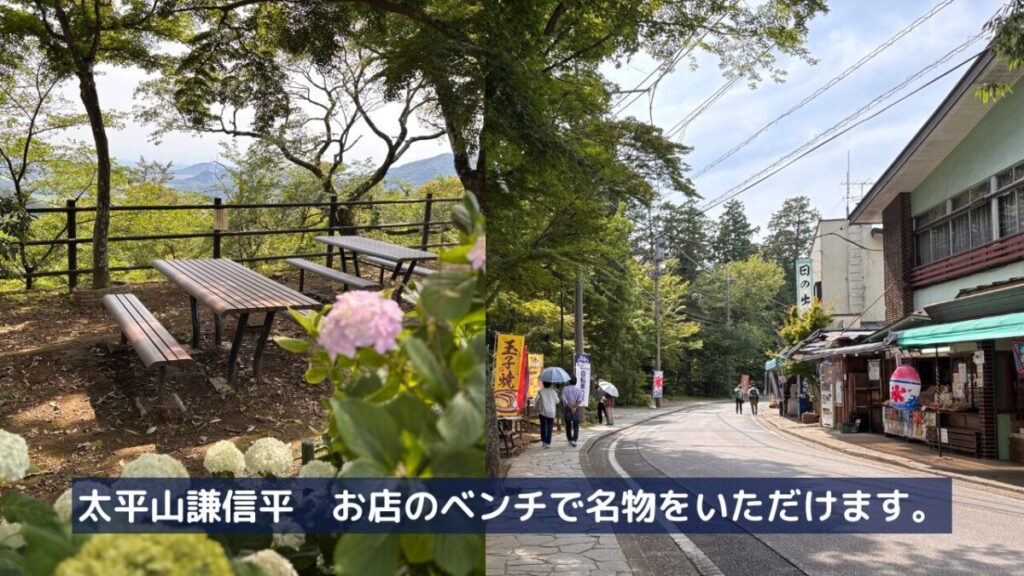 太平山山頂のお店とベンチの画像