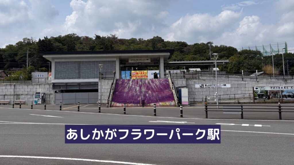 JRあしかがフラワーパーク駅と藤をモチーフにした紫色の階段