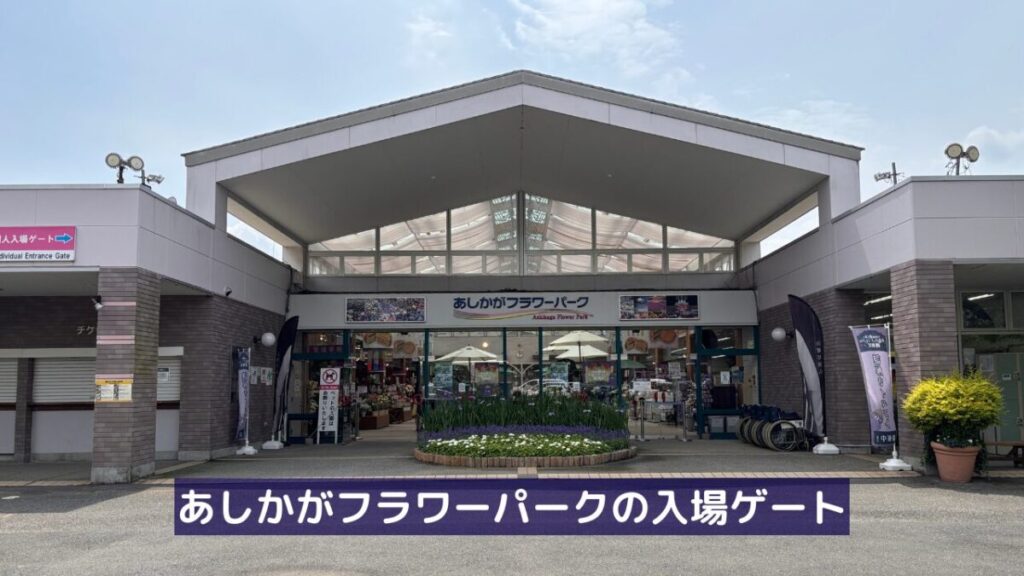 あしかがフラワーパークの入場ゲートと花菖蒲の花壇